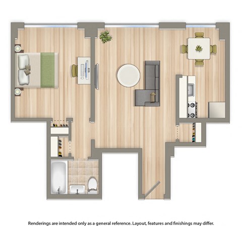 sherry hall one bedroom apartment floor plan rendering